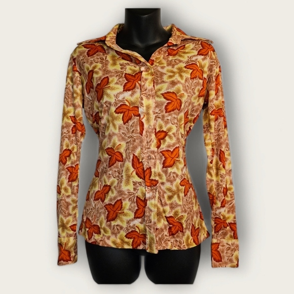 Vintage 1970s womens leaf button down blouse - Picture 1 of 7